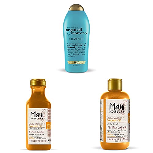 OGX Renewing + Argan Oil of Morocco Hydrating Hair Shampoo, Cold-Pressed Argan Oil with Curl Quench + Coconut Oil Curl-Defining Anti-Frizz Conditioner and Anti-Frizz Curl-Defining Hair Milk