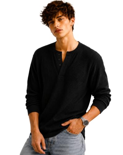 Image of AUSK Men's Waffle Knit Henley T-Shirt | Cotton Blend Full Sleeve Textured Casual T Shirt | Regular Fit Button Placket Round Neck Tshirt for Men