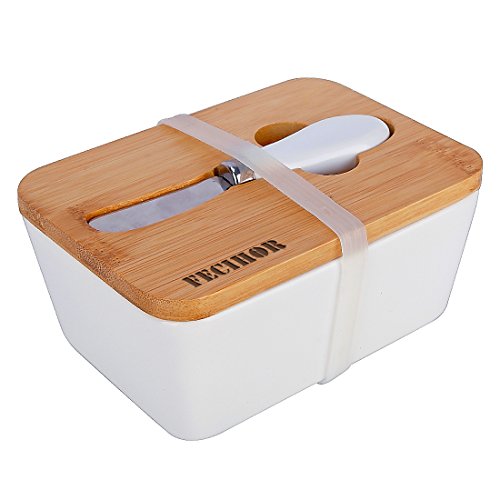 image for Fecihor Ceramic Butter Dish with Bamboo Lid, 800 ml Butter Keeper Cont