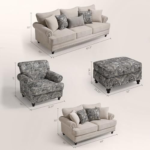 Image of 4 Piece Living Room Set, Modern Farmhouse Chenille Sofa and Loveseat with Nailhead Trim, Floral Accent Chair with Footstool, 9 Accent Pillows Included