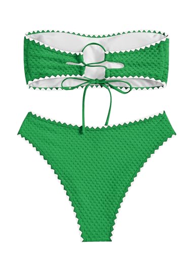 Image of ZAFUL Women's High Cut Bandeau Bikini Set Strapless Solid Color 2 Pieces Bathing Suit Swimsuit (9-Green,M)