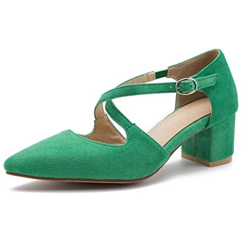 Women's Chunky Heel Pumps Cross Strap Block Low Heeled Closed Pointed Toe Dress Shoes, Suede Green, 7 UK Cover
