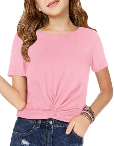 Image of Haloumoning Girls Short Sleeve T Shirts Kids Summer Twist Front Crop Tops Fashion Tees 5-14 Years