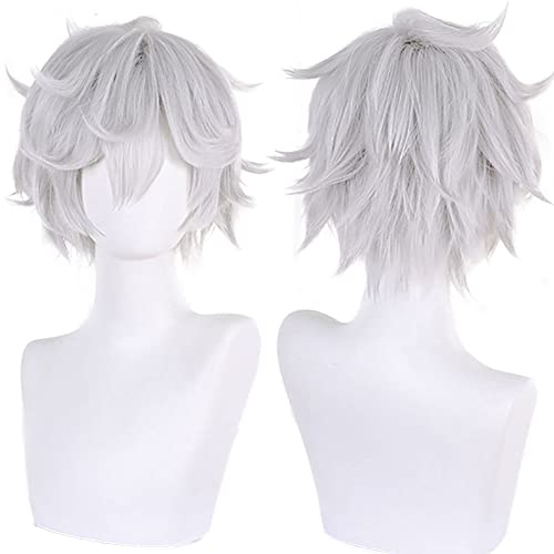 Parrucche Cosplay Anime Grigio Bianco Costume Ruolo Parrucca Capelli Corti Ricci per Uomini Festa di Halloween Unisex Adulti Amanti degli Anime
