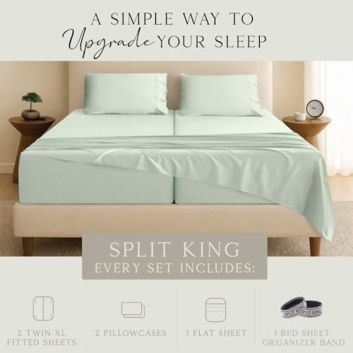 Image of KARISSA MAE Luxury Bamboo Viscose Split King Size Sheet Set, FSC Certified | Includes 2 Twin XL Fitted Sheets | Sleep Number & Adjustable Bed | Cooling | 18 inch Deep Pocket w / Corner Straps [Sea Glass]