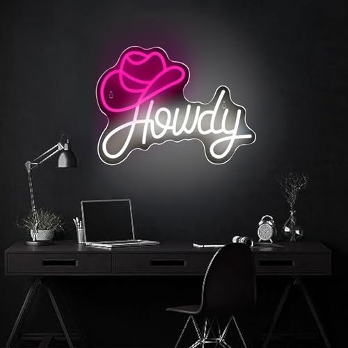 Image of Howdy Neon Sign with Cowboy Hat, Pink and White LED Neon Light for Wall Decor, Dimmable Western Neon Signs for Bachelorette Party, Nashville Decor, Cowgirl Bedroom, Bar, Dorm Art (12.7 inch x 13.1 inch)