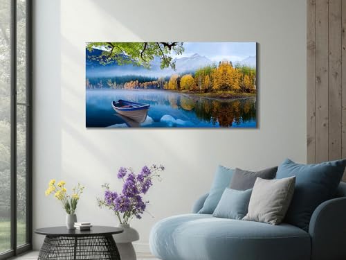 Image of Arjun Lake Canvas Wall Art Blue Mountain Sky Nature Landscape Picture Boat Artwork Modern Scenic Painting Framed Large for Living Room Bedroom Bathroom Dinning Room Home Office Wall Decor 40 inchx20 inch