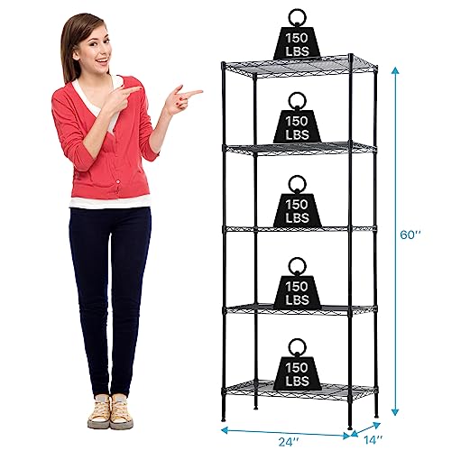 5-Tier Metal Shelving Unit, Heavy Duty Storage Shelves Hold 750Lbs Nsf Steel Organizer Wire Rack For Closet Basement Office Kitchen Laundry, 24" W X 14" D X 60" H- Black #TOP2