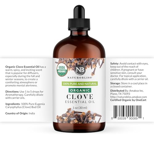 Image of NaturoBliss Organic Clove Essential Oil 1 oz - 100% Pure, Natural, Undiluted for Toothache, Sore Muscles, Skin & Hair Care - Soothing Clove Bud Oil for Aromatherapy, Warm Spicy Aroma
