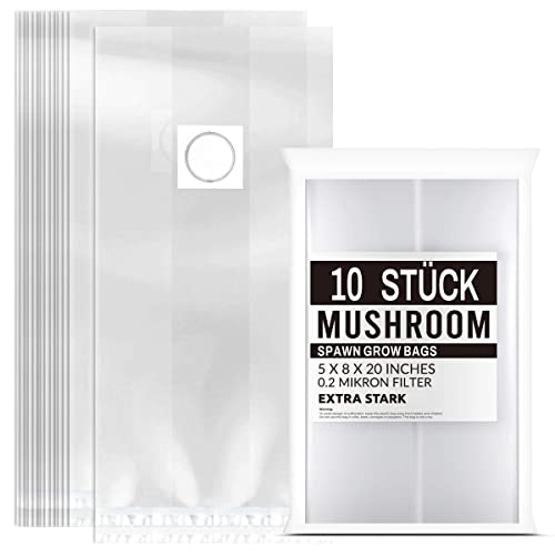 MissFox Lot de 10 sacs de culture de champignons résistants à la déchirure à haute température avec filtre de 0,2 microns, PVC Mushroom Spawn Grow Bag pour horticulture, tente de culture ou serre