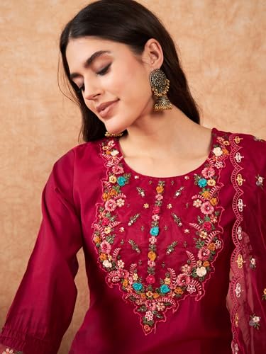 Image of INDO ERA Women's Embroidered Calf Length Silk Blend Straight Kurta Pant with Dupatta
