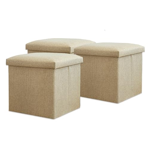 Image of Kuber Industries Pack of 3 MDF Wooden Storage Stool | Square Toy Storage Box | Foot Rest Stool | Folding Seating Stool | Wardrobe Organizer for Clothes-Books | Storage Box for Living Room | S ZH003BG | Beige