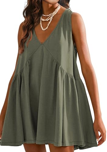 Image of Sleeveless Mini Dress for Women 2026 Summer Casual V Neck Sundress Loose Babydoll Dress with Pockets