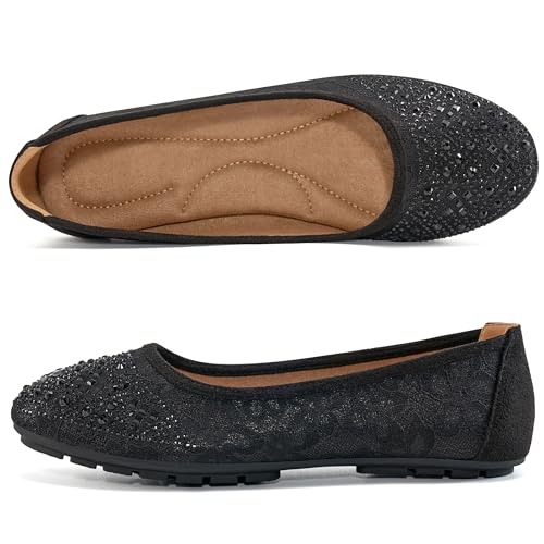 Ballet Flats for Women Dressy : Comfortable Dress Rhinestone Lace Wedding Flat for 2025 - Ladies Slip On Walking Office Shoes 7