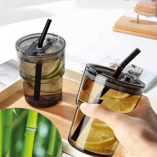 Cimvidi Juego de 2 400ml Vaso de Vidrio con Tapa y Pajitas, Diseño de Rayas de Cristal, Taza de Agua Helada Sellado a Prueba de Fugas, Taza de Viaje de Vidrio Pare Café, Batidos, Jugo (Gris)