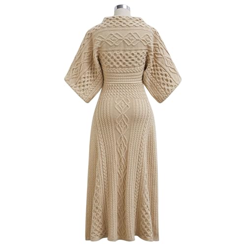 CHICWISH Women Cable Knit Sweater Dress Boat Neck High Waisted Knit Dresses Elbow Sleeves Solid Fall Trendy Casual Long Dress3