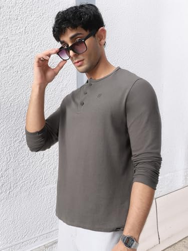 Image of Urbano Fashion Men's Solid Henley Neck Slim Fit Full Sleeve Cotton T-Shirt