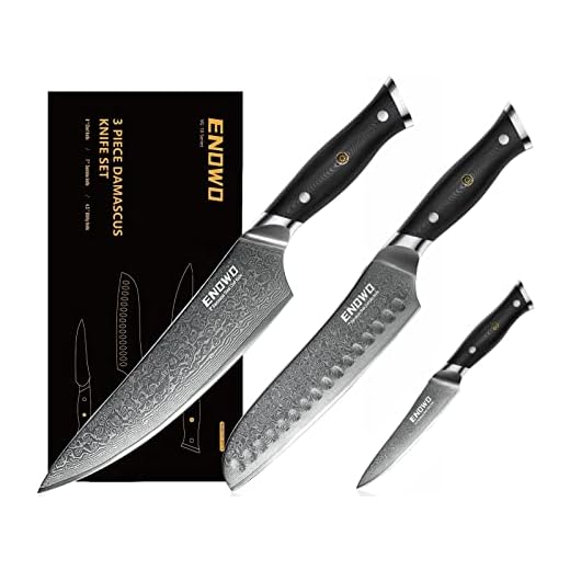 enowo Damascus Knife Set 3 PCS,Razor Sharp Kitchen Knives Made of Japanese Damascus Steel VG10, Well-Balanced Damascus Chef Knife set with Premium G10 Full Tang Handle Triple Rivet Gift Box