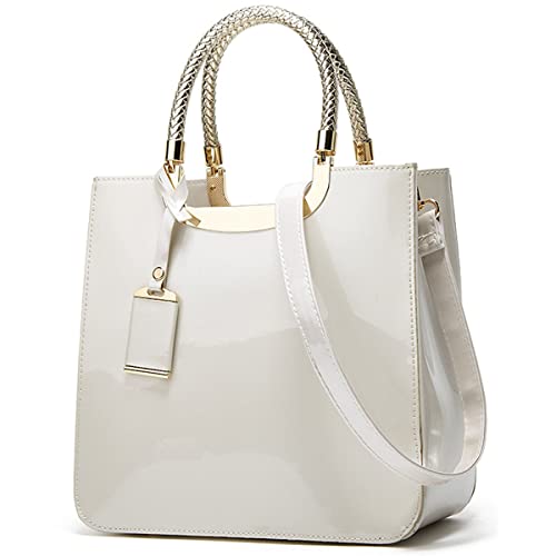 XingChen Bolsa feminina de couro envernizado brilhante brilhante bolsa de ombro estilo bolsa de mão superior bolsa transversal festa, Branco, One Size