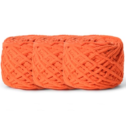 Image of 3 Pack Fluffy Chenille Chunky Yarn for Crocheting 100g(65.6yd) - Baby Yarn for Crocheting Soft - Velvet Yarns for Crochet Blanket - Amigurumi Crochet Yarns (Orange)