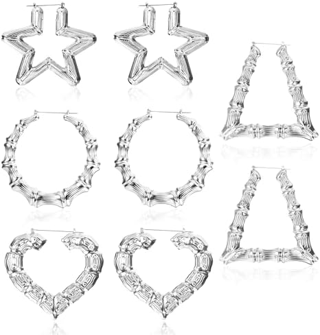 JeryWe 4 Pairs Custom Bamboo Hoop Earrings for Women 14K Gold Plated, Heart -Shaped Oversized Door Knocker Design, Personalized Hip Hop Style Jewelry, Vintage 90s Y2K Aesthetic