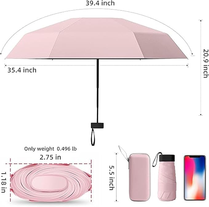 Image of WOOMZY UV Travel Mini Folding Ultra Compact pastel Umbrella with Case, Manual Open 6 Ribs Lightweight Portable, Small Sun & Rain Pocket Umbrella for Men and Women- Use in Rain & Summer (LIGHT PINK)