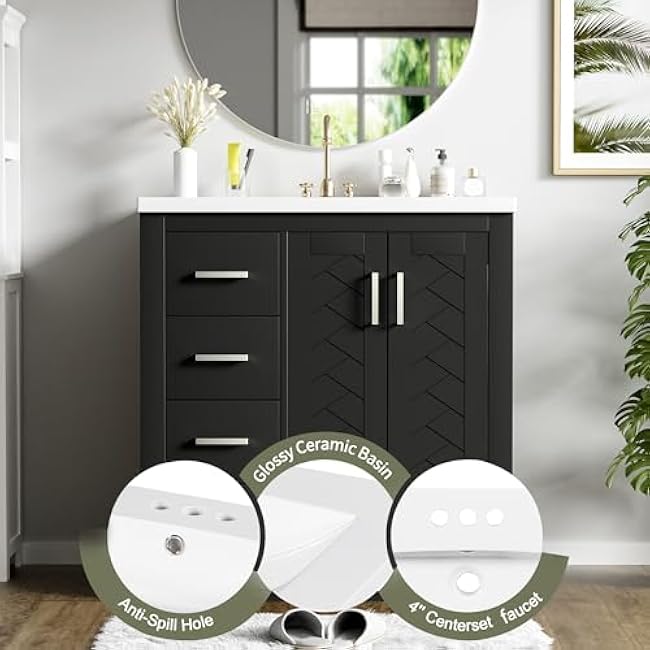 Modern 30'' Bathroom Vanity Cabinet with Ceramic Sink Combo, Solid Wood Frame Bathroom Storage Cabinet, Freestanding Vanity Set with 3 Drawers& Soft Closing Doors, Gold Metal Handle (Black-31)