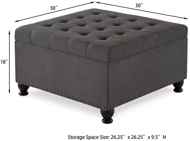 Large Square Storage Ottoman Bench with Wooden Legs, Linen Fabric Button Tufted Upholstered Coffee Table with Nail Trims, Flip Top Foot Rest Stool for Sofa Couch Bedroom End of Bed, Dark Grey