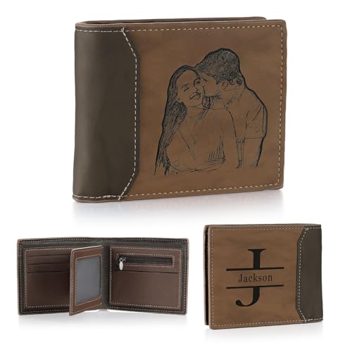 Custom Wallets for Men Personalized Mens Leather Wallet with Engraved Photo Name Christmas Birthday Customized Gifts for Dad Husband Boyfriend (Style 3)