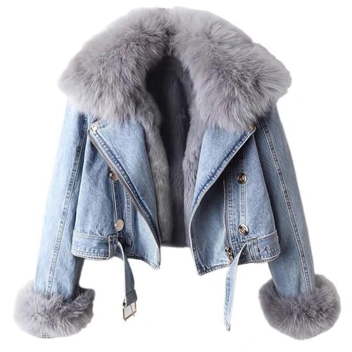 yoeasy Women Denim Jacket Removable Faux Fur Lined Thicken Shaggy Short Parka Coat Warm Winter Jean Jacket