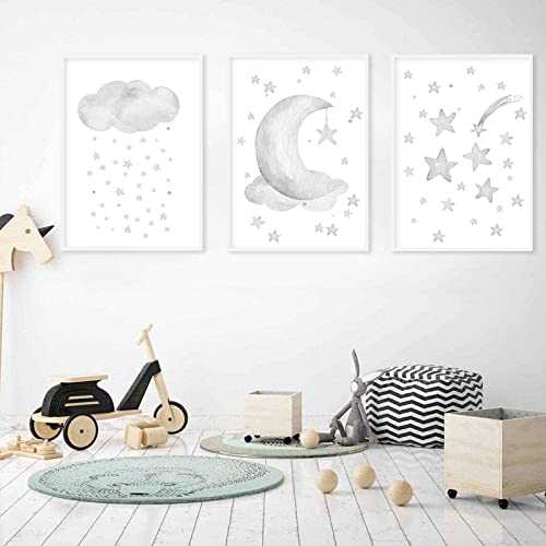 Image of Bfgsrtcbox Grey Moon Wall Decor Nursery Star Print Cloud Art Stars Poster Canvas Printing Painting Pictures Posters Prints for Kids Room Home Girls bedroom 16x24inchx3pcs No Frame