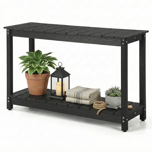 LAHAAP Outdoor Console Table 48 Weather Resistant HIPS Patio Side Table 440LBS Weight Capacity 2-Tier Multifunctional Buffet Bar Storage Organizer for Garden Deck Black