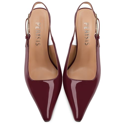 Women's Block high Heels Slingback, Pointed Closed Toe Ankle Strap Fashioned Patent Leather Pumps Shoes.3