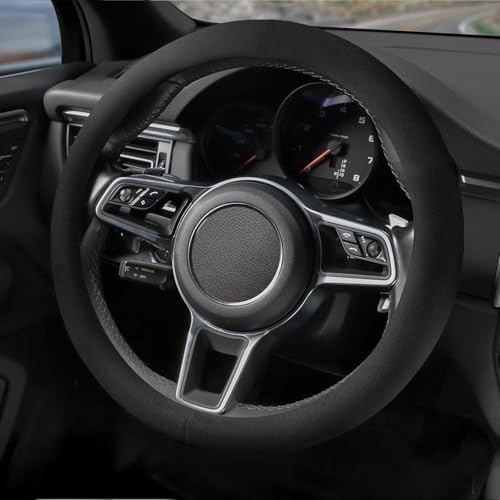 SthExtra Suede Steering Wheel Cover with Upgraded Silicone Inner Ring, Anti Heat, Breathable, Anti-Slip, Leather Universal 14.5 to 15 inch Steering Wheel Cover (Pure Black)