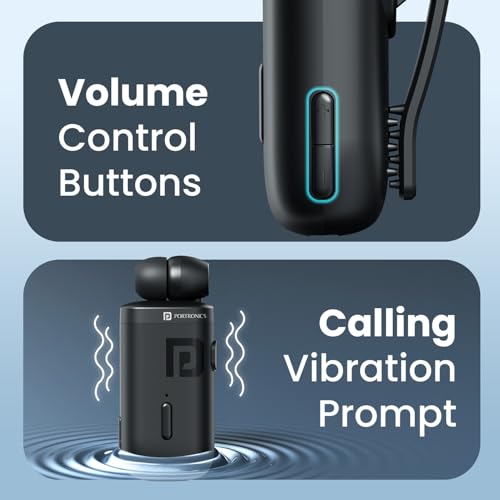 Image of Portronics Harmonics Klip 6 Retractable Bluetooth Calling Earphone with Upto 30 Hour Playback, Vibration Prompt, Strong Clip, HD Clarity Mic, Bluetooth V5.3, Type C Fast Charging(Black)