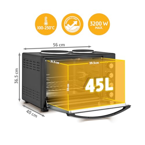 TZS First Austria - Minibackofen mit Kochplatten 45L 3200 W - Mini Backofen Pizzaofen mit Herdplatten bis 230°C & Antihaftbeschichtung - Miniofen Kombigerät mit 4 Einschubhöhen & hochwertigem Zubehör – Bild 2