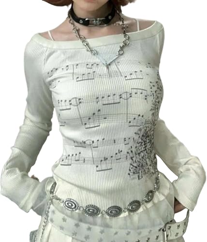 Y2K Emo Grunge Goth Shirt Long Sleeve Off Shoulder Teen Girls T-Shirt Alt Top 2000s Clothes