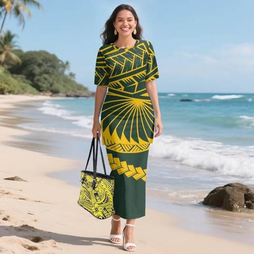Puletasi Polynesian Tribal Clothing Two Piece Skirt Set for Women Outfits Short Sleeve Top High Waist Midi Skirt3