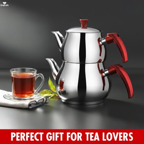 Hakan Teapot Set with Self Strainer Double Lids, Stainless Steel Mini Double Bondy Tea Pot Set, Turkish Samovar Style, Tea Kettle for Loose Leaf Tea with Bakelite Handle | 0.84 + 1.26 Qt. by Hakan - Image 7