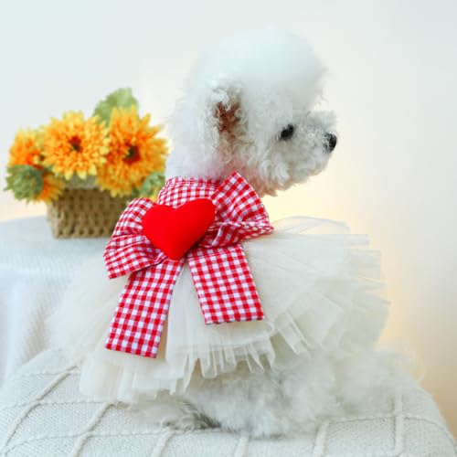 Image of HDKUW Small Dog Dress, Girl Puppy Lace Princess Skirt Tutu Dress with Bowknot,Chihuahua Yorkie Clothes Outfit for Birthday Wedding Party Red Heart XL