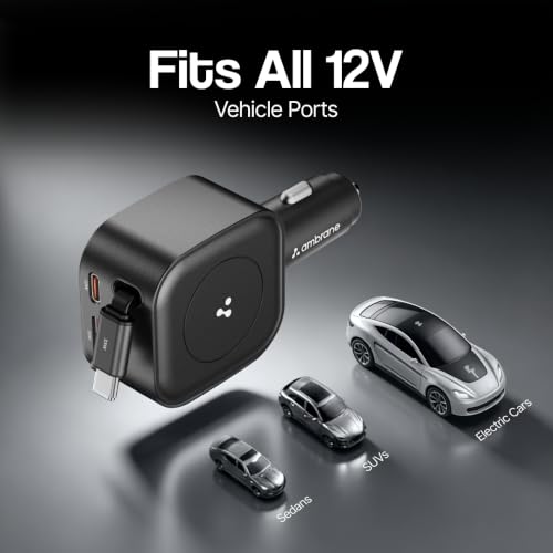 Image of Ambrane 96W Car Charger with InBuilt Retractable Cable, 3-in-1 Car Charger, 33W Type C PD, 30W USB For iPhone, Macbook Air, Android, Earbuds, Other Devices, PD & PPS Fast Charging (Charge CR96, Black)