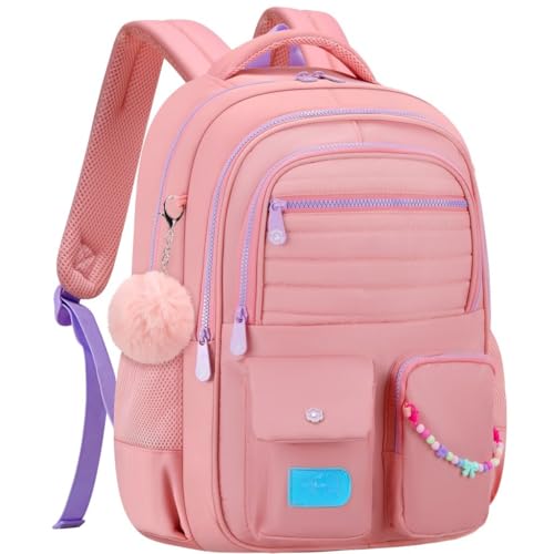 Mochila Escolar Feminina Preta Fofa com Pompom, Impermeável, Reforçada e Confortável para escola ou Viagem (88101-Rosa claro)