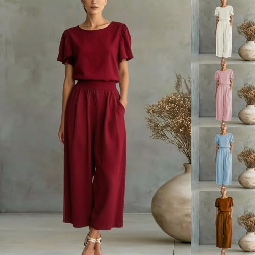 Conjunto de ropa de mujer 2 piezas de pantalón fluido de cintura alta y top de manga corta 2