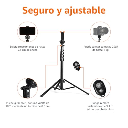 Amazon Basics Trípode y Paloselfi Extensible para Teléfono de 162cm/64in, con Mando a Distancia Inalámbrico, Negro - imagen 5