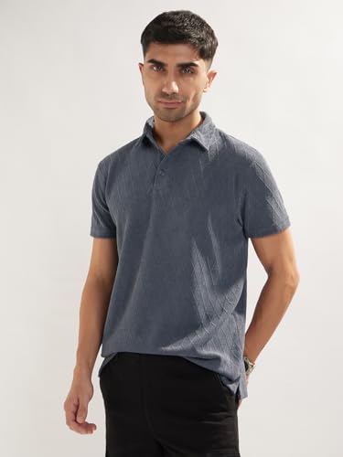 Image of Nobero Textured Polo T-Shirt for Men | Polo T-Shirts for Men | Regular Fit | Textured Fabric | Contrast Collar | Casual & Smart Casual