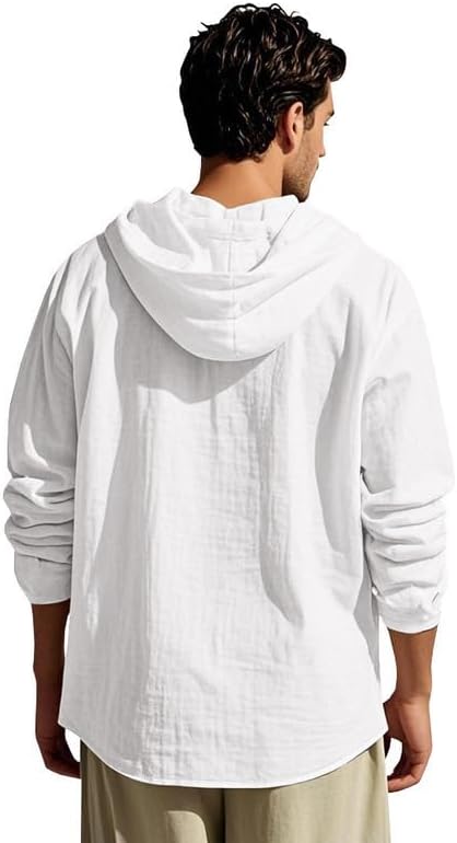 Men's Cotton-Linen Shirt - Long Sleeve Button-Up Hooded Shirt with Pockets Casual Wear for Vacations Daily Use - Image 2