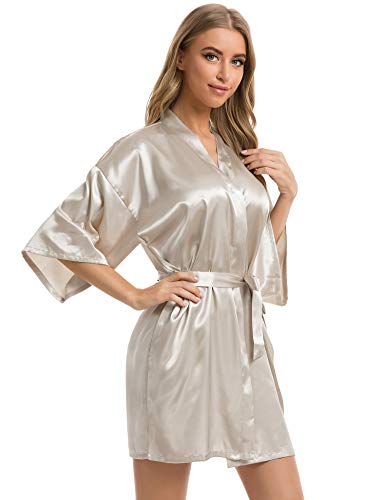 Vlazom Women's Kimono Robes Short Satin Bathrobe Solid Bridal Party Robe With Oblique V-Neck Dark Champagne Medium #TOP1