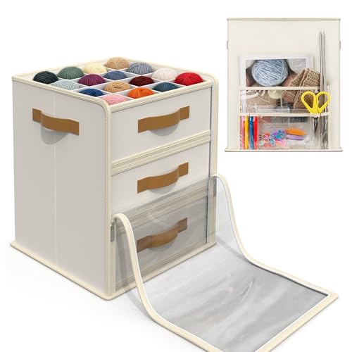 Temlum Yarn Storage Organizer with 3 Stackable Trays Large Yarn Storage Container with Adjustable Dividers Crochet Storage for Yarns Crochet Hooks Knitting Needles Crochet Accessories