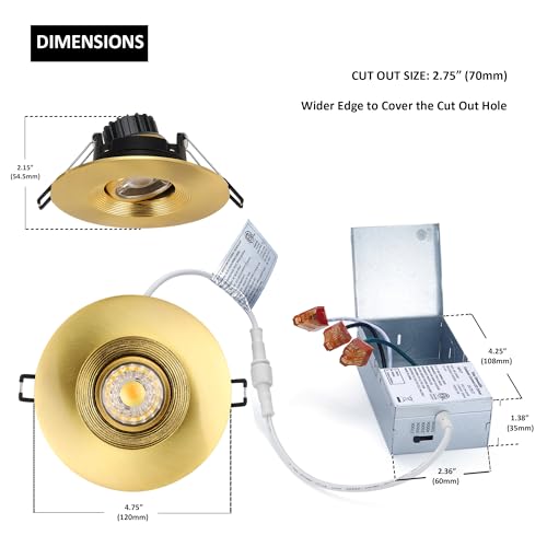 Image of POPANU Premium 4-inch LED Recessed Lights - 5 CCT 4 Inch Eyeball Ceilling Gimbal Potlight, Dimmable Recessed Lights Fixture with Junction Box, 8W CCT Adjustable, Shiny Gold, with Baffle, 6P
