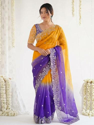 Image of SIRIL Women's Shimmer Chiffon Scalloped Border Sequins Embroidery Saree With Unstitched Blouse Piece